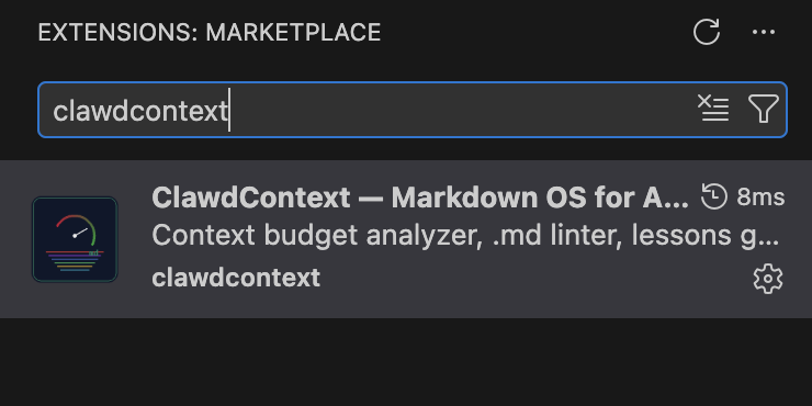 Searching for ClawdContext in the VS Code Extensions sidebar and installing it