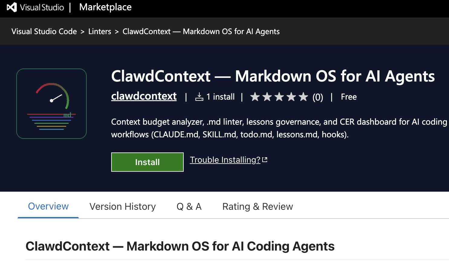 ClawdContext extension listing on the Visual Studio Code Marketplace showing description, ratings, and Install button